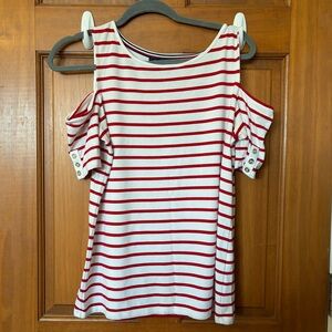 Tommy Hilfiger Red and White Striped Cold Shoulder Tee